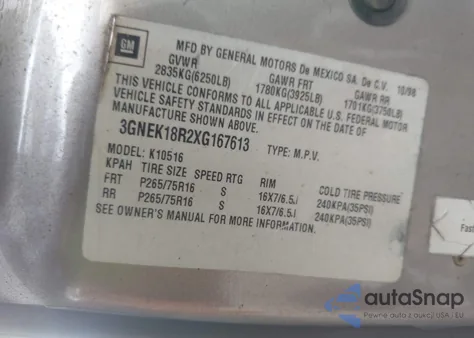 1999 Chevrolet Tahoe z USA, uszkodzony, nr VIN 3GNEK18R2XG167613